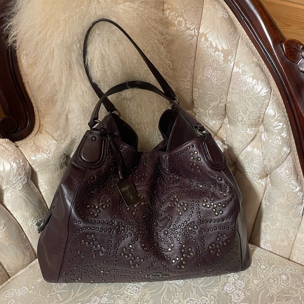 Rare!!! Coach Merlot XXL 3 section studded leather bag